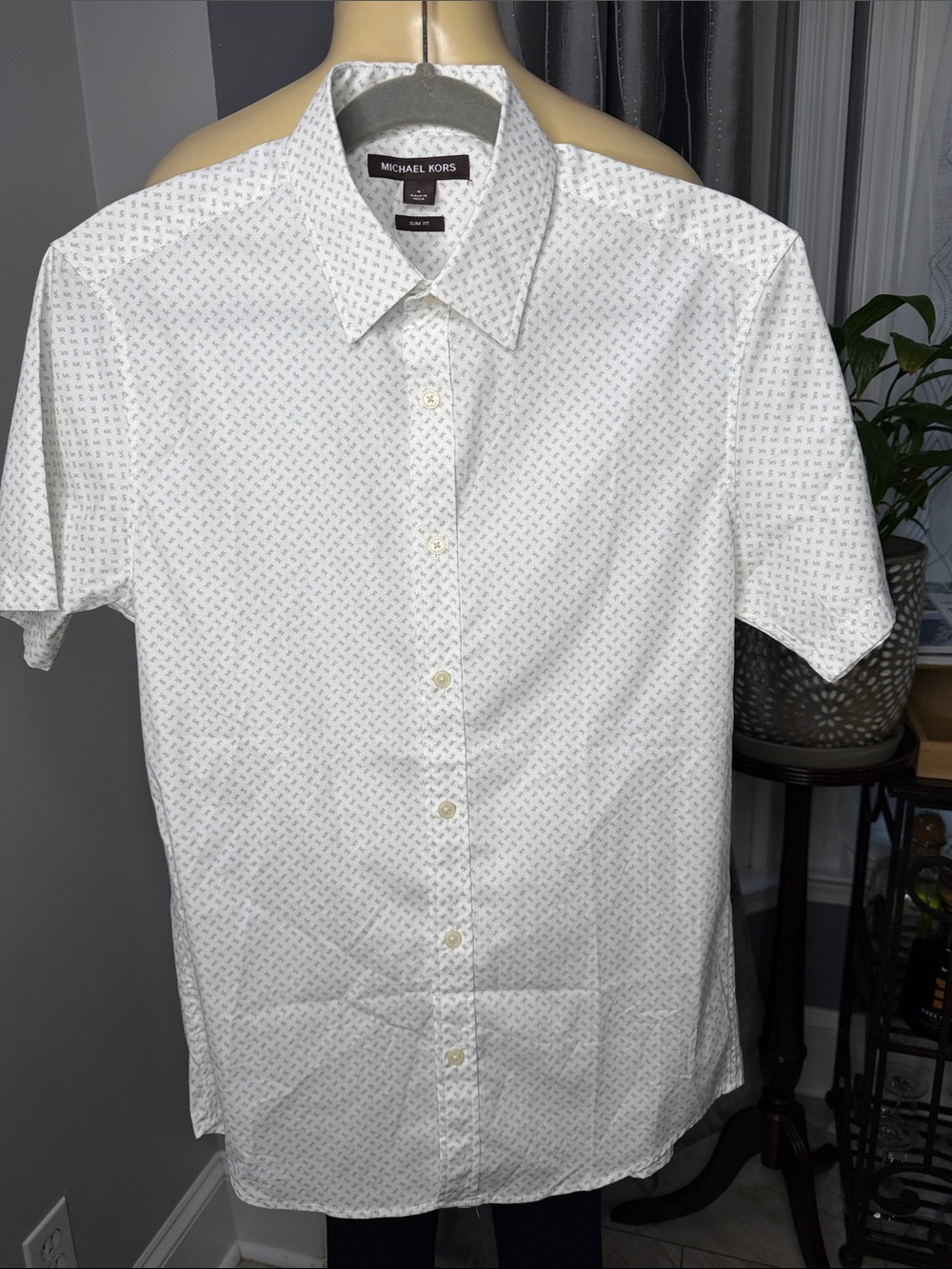 Michael Kors Men’s Sz S  White Short-Sleeve Button-Down with Micro Print